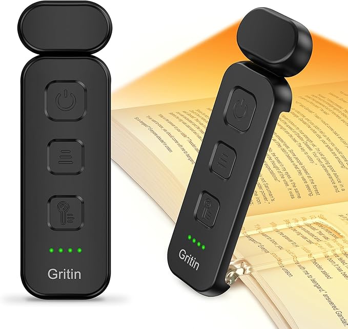 Gritin Reading Light, Book Light for Reading in Bed - Eye Caring 3 Colors, 5-Level Dimmable Brightness,Long Lasting, Compact Size Rechargeable Clip on Book Reading Light for Book Lovers-Black
