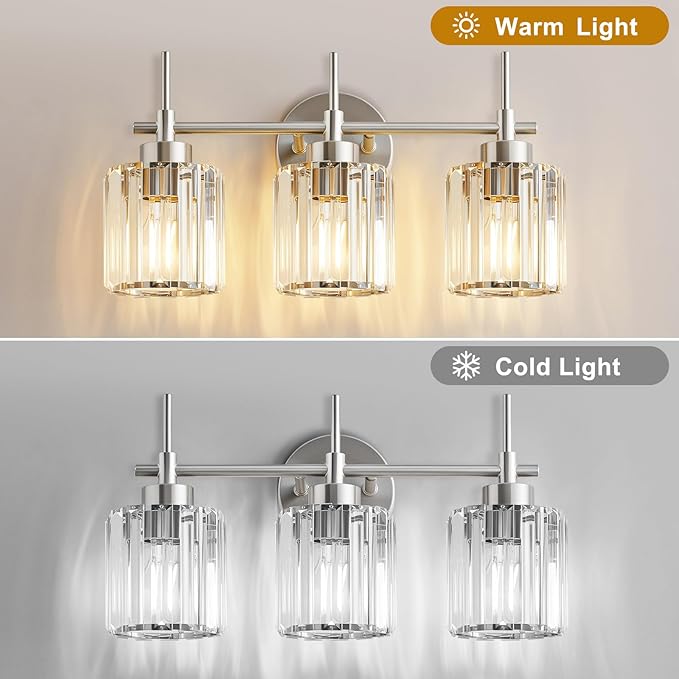 3 Light Crystal Bathroom Light Fixtures, Brushed Nickel Vanity Mirror Lights, Crystal Bath Vintage Wall Mounted Lamps Wall Light Fixtures for Bathroom, Living Room