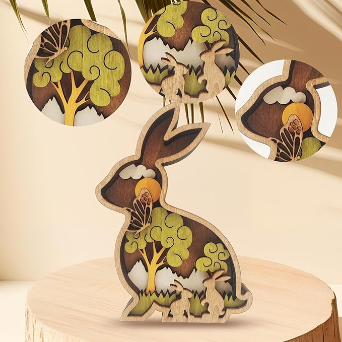 Drawelry 3D Wooden Animals Carving Home Decorative - Creative Wood Carved Lamp Farmhouse Wooden Animals Sculpture Ornaments Easter Birthday Gifts for Family Friend Son Dad (Rabbit, Without Light)