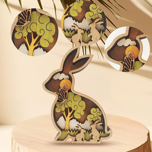 Drawelry 3D Wooden Animals Carving Home Decorative - Creative Wood Carved Lamp Farmhouse Wooden Animals Sculpture Ornaments Easter Birthday Gifts for Family Friend Son Dad (Rabbit, Without Light)