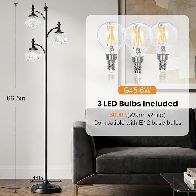 Black Standing Lamps for Living Room 66.5in Floor Lamps with Glass Shade 3 Way Brightness Lights Dimmable Modern Corner Lamp for Bedroom Office(3LED Bulbs Included)