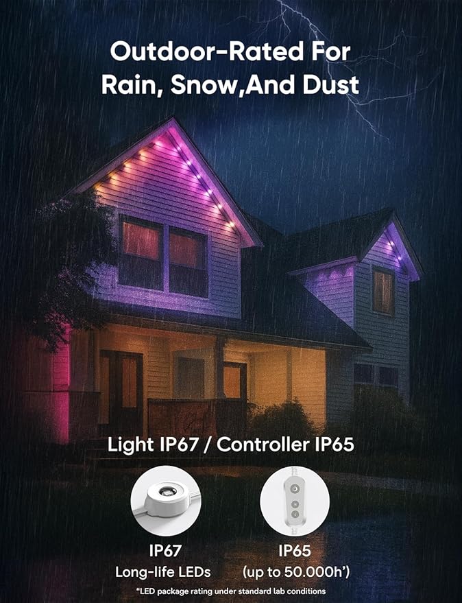 Smart Permanent Outdoor Lights, RGB with IC + White(6000K), Under-Eave Lighting, 100ft/72 LEDs/IP67 Light / IP65 Controller, 111+ Scenes, Music Sync, Alexa/Google, Wi-Fi/Voice/Remote Control