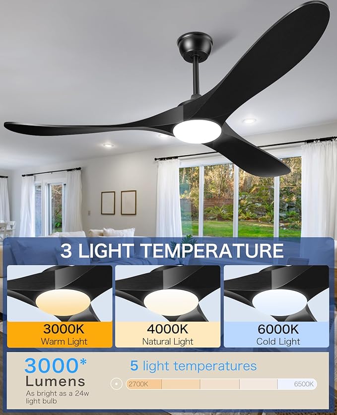 Ceiling Fans with Lights and Remote, 3 Solid Wood Blades, Outdoor Wooden Ceiling Fan with 2 Downrods for Patios, 52 Inch Modern Ceiling Fan with Noiseless Reversible DC Motor (Black)