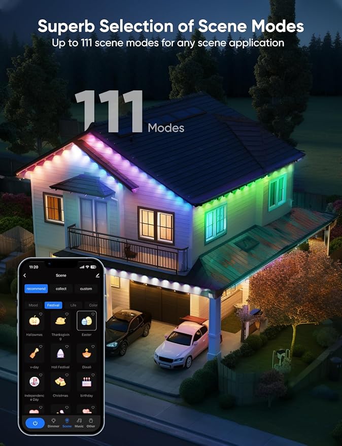 Permanent Outdoor Lights 100ft with 111 Lighting Scenes, 105° Optimal Light Angle, for Halloween Christmas, Compatible with Alexa, Google Assistant, IP67 Waterproof, Smart RGB Outdoor Lights 72 LEDs