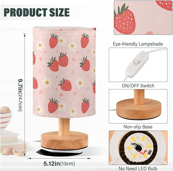 Cute Red Strawberry and White Flower Bedside Table Lamps with USB Port for Bedroom Lamp Table Lamp Small Nightstand Lamp Sturdy Linen Shade Decorative Lamps for Home Room Kids Reading Nursery