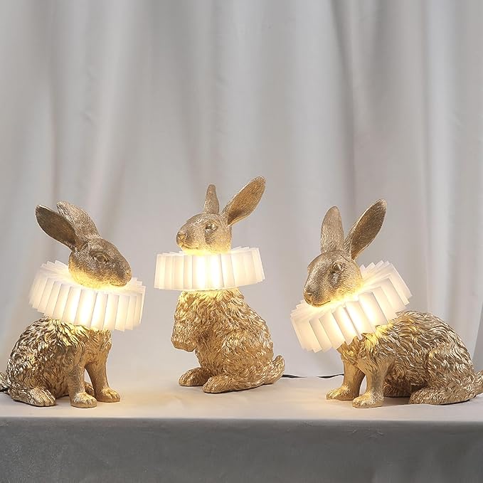 Scarf Rabbit Table Lamp,Resin Crafted Gold Bunny Lamp Featuring White Pleated PC Lampshade,USB Plug,Energy-Efficient Nightstand Lamp (Gold Sitting)