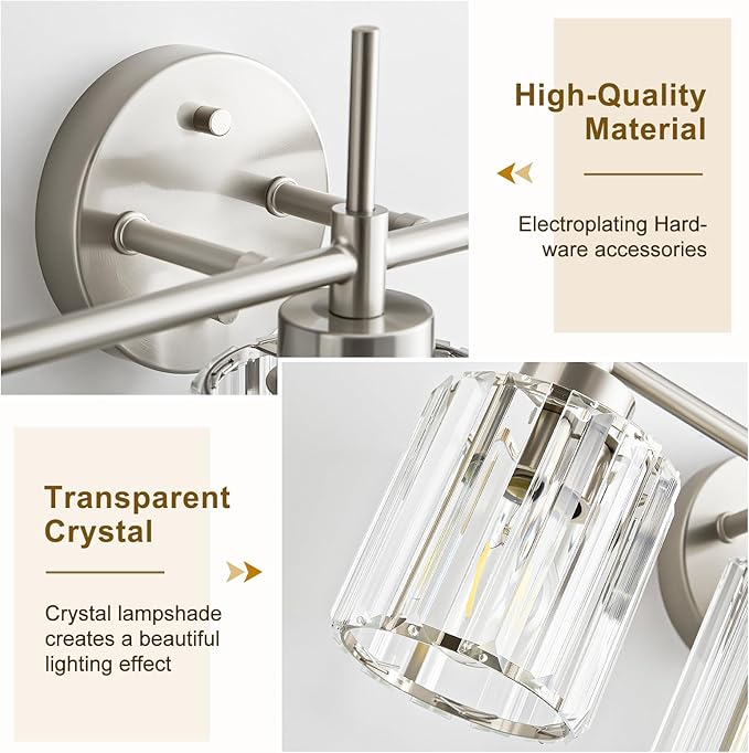 Crystal Bathroom Vanity Lights, 4 Light Bath Mirror Light Brushed Nickel Round Crystal Wall Mount Light Fixture Over Mirror Morden for Living Room