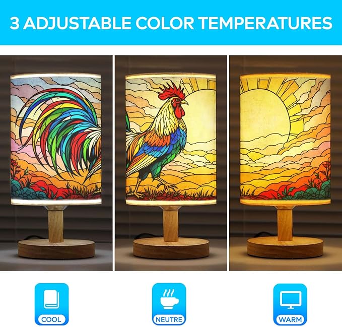Rooster Table Lamp LED 3-Color Pressed Bedside, Rooster Shade Lamp with Wood Base for Bedroom Living Room Desk Office TL01