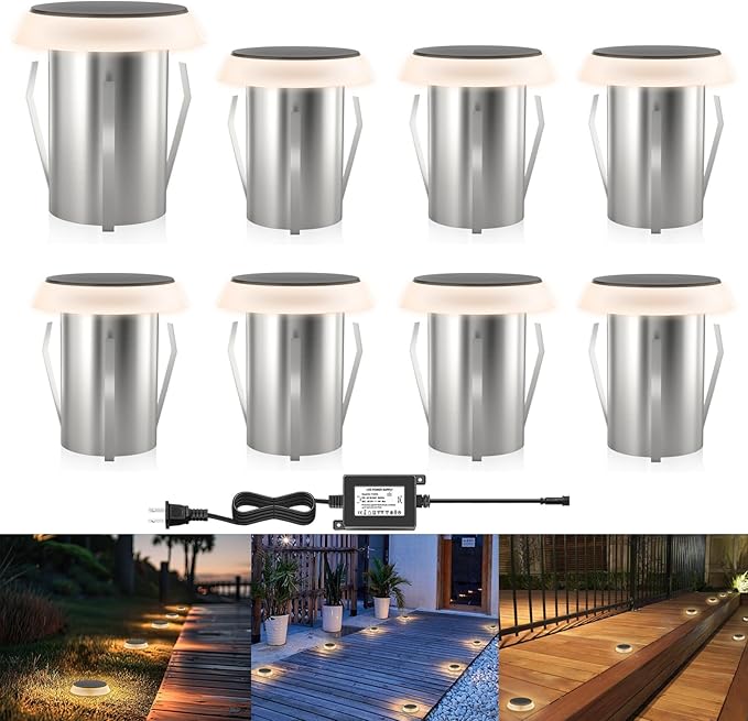 Outdoor In Ground LED Well Lights, Warm White Φ1.36in Low Voltage 12V DC In-Ground Lights, IP67 Waterproof Landscape Lighting for Yard Floor Pathway Driveway Deck Step, 8 Pack