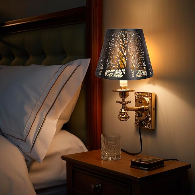 Etched Small Forest Metal Lampshade Top 6‘’ Bottom 10‘’ Height 7.5" Barrel Shade Lampshade Fits Most Table Lamp and Floor Lamp Spider, Outer Black and inner Gold