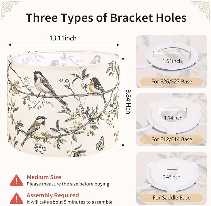 Fabric Linen Lamp Shade, Bird and Branch Pattern Lampshade, Unique Lamp Shades for Floor Lamps fit with Spider/Uno, 13x13x10inch Drum Lampshades for Table Lamp/Pendant (1Pack/Easy Assemble)
