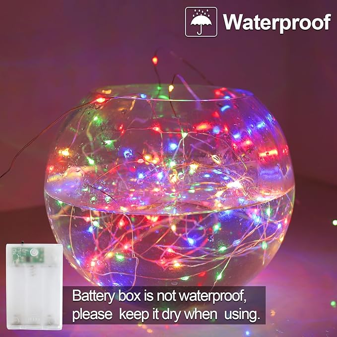 YAOZHOU Christmas Decorations Multicolor Fairy String Lights, Battery Operated with Timer, 2 Pack Total 33FT 100 Led Mini Battery Powered Mason Jar Waterproof Firefly Lights DIY Party