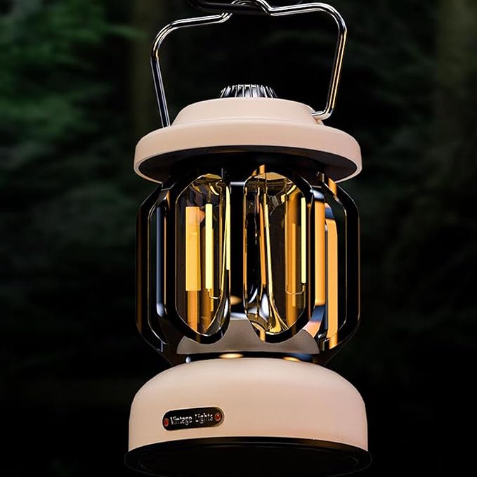 Retro Camping Lantern, Rechargeable LED Tent Lamp with 3 Light Modes, Dimmable Vintage Camping Light with Hook, USB Type C Portable Lantern for Garden Outdoor (Beige)