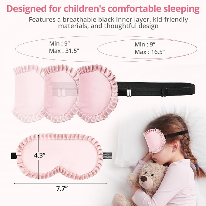 Kids Sleep Mask, 100% Real Mulberry Silk Eye Mask, Sleeping Mask for Kids with Adjustable Elastic Band, Soft & Light Blocking Eye Cover Gift for Boys Girls Teens Age 5+ (Pink)