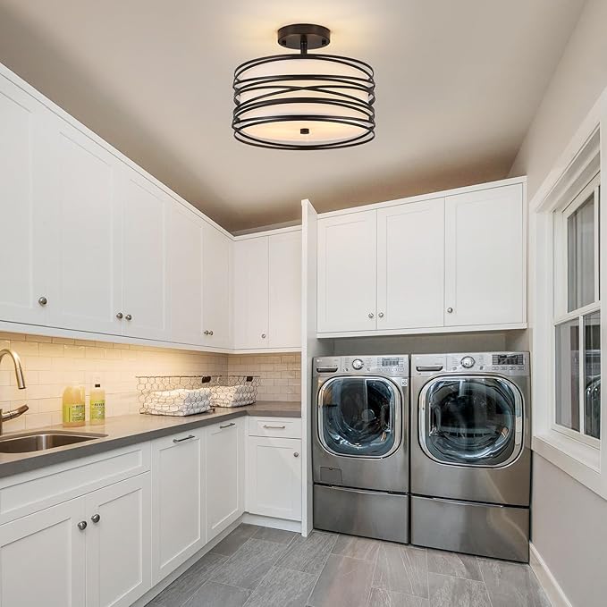 Drum Semi Flush Mount Ceiling Light Fixture Vintage Modern Farmhouse 2-Lights Linen Drum Ceiling Lighting Rustic Black Ceiling lamp for Dining Room, Bedroom, Kitchen, Laundry Room