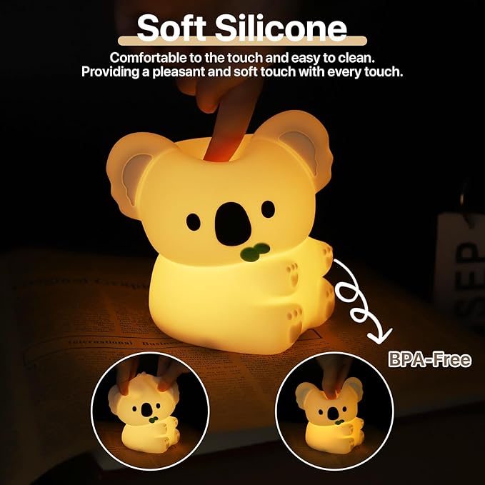 Cute Koala Night Light for Kids Rechargeable, Battery Operated Nightlight 3 Level Dimmable with RGB&Timer, Silicone Touch Nursery Lamp for Baby Girls Boys Bedroom Gifts