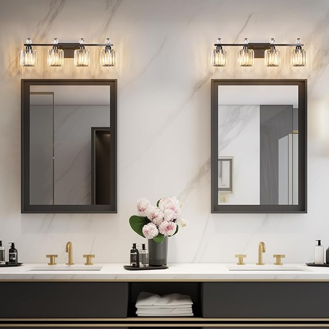 Bathroom Vanity Lights 4-Light Plating Black Modern Crystal Vanity Light Fixtures Over Mirror Crystal Bathroom Vanity Lighting Fixtures