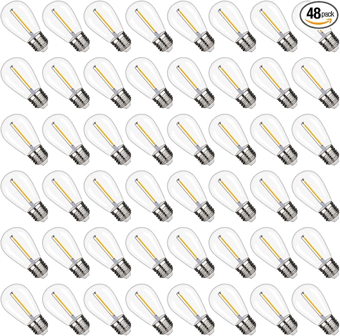 S14 Replacement LED Light Bulbs, Shatterproof & Waterproof 1W S14 LED Bulbs, E26 Base Patio Edison LED Light Bulbs for Outdoor String Lights , Warm White 2200K Plastic 70ML Non-Dimmable 48 Pack