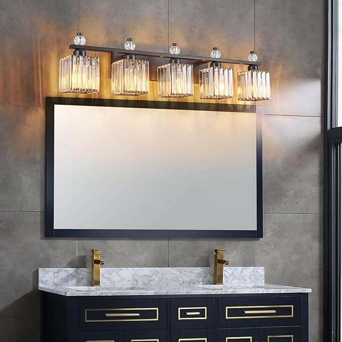 Vanity Lights 5-Light Modern Crystal Vanity Light Sand Black Bathroom Light Fixtures Over Mirror Crystal Bathroom Vanity Lighting Fixtures