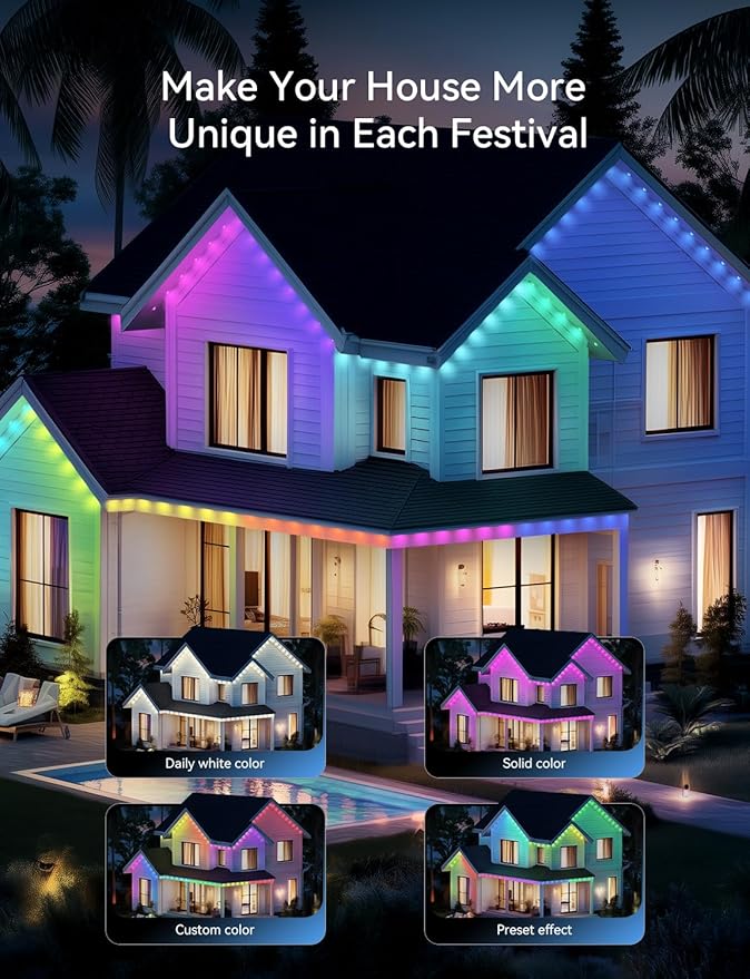 100FT Permanent Outdoor Lights for House -Eaves Lights with 50 IC+RGBCW LED IP67 Waterproof, Smart Outside LED Christmas Light with App/Remote, Eternity Lighting for Holiday/Daily