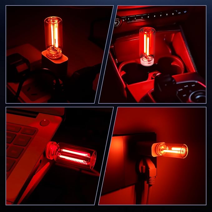 Kairiyard 2 PCS Red USB Car LED Lights Interior, Touch Control Adjustable Brightness Plug-in Retro Portable Glass Bottle Ambient Night Lights for Car, Computers, Party, Holiday Decoration, Bedroom