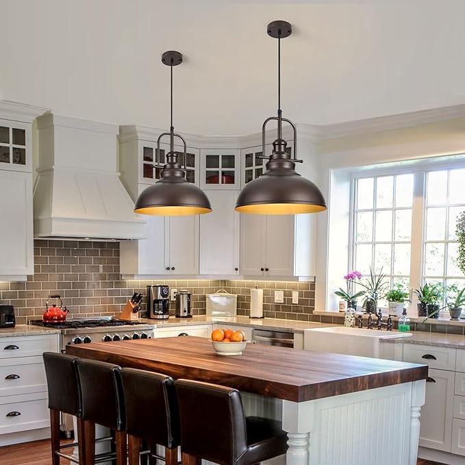 TAKEGO 11.8” Farmhouse Pendant Lights Kitchen Island, Oil Rubbed Bronze Rustic Pendant Light Fixture, Vintage Dome Pendant Light, Industrial Hanging Ceiling Lamp for Dining Room, Hallway