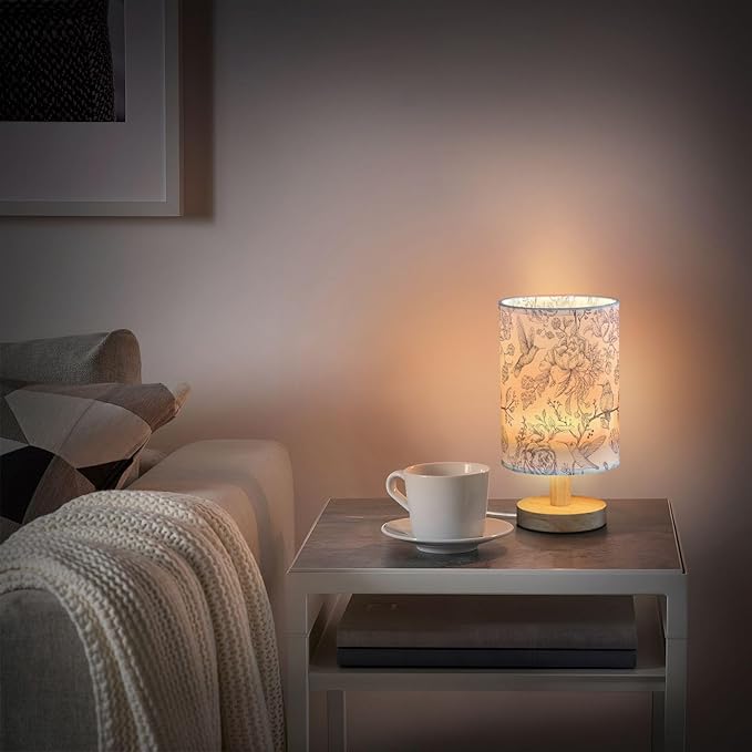 Bedside Table Lamp Vintage Birds Flowers Florals Nightstand Lamp with Wood Desk Lamps for Bedroom Living Room Nursery Office Home Decor