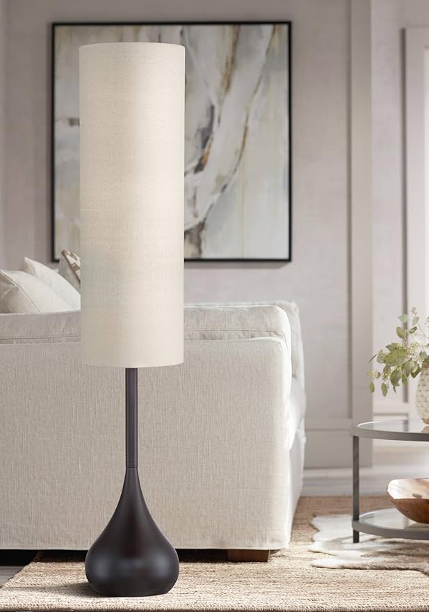 Possini Euro Design Mid Century Modern Retro Floor Lamp Standing 62" Tall Dark Bronze Metal Droplet Off-White Cotton Cylinder Shade Decor for Living Room Reading House Bedroom Home