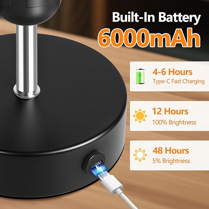 Black Cordless Table Lamp Rechargeable, 6000mAh Battery Operated Bedside Lamps, Portable LED Desk Lamp with Stepless Dimming, Wireless Lamp with White Shade, Modern Touch Small Night Light for Bedroom
