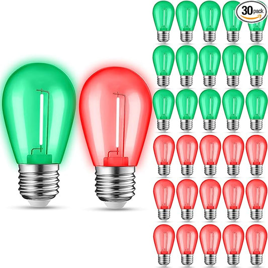 30-Pack Red Green String Light Bulbs, S14 LED Replacement Bulbs for Outdoor String Lights, Patio Light Bulbs, 1W E26 Base for Christmas Halloween,Holiday Lighting,Home Decor (Red + Green)