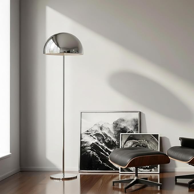 Brightech ONO Mushroom Floor Lamp - Modern LED Standing Lamp for Living Room, Bedroom - Color Changing LED Bulb, Metal Dome Lamp Shade - Contemporary Metallic Sculptural Design - Chrome