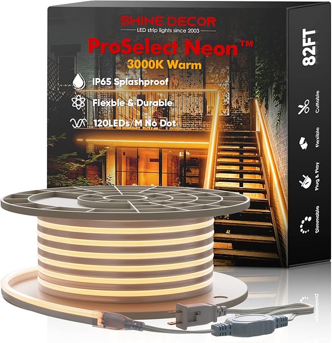 Shine Decor LED Neon Rope Lights AC 120V, ETL-Listed Flexible 120LEDs/M Dotless Strip Lighting, Custom Cuttable & IP65 Waterproof for Indoor Outdoor, 7x14.5mm, 3000K Warm White, 82FT
