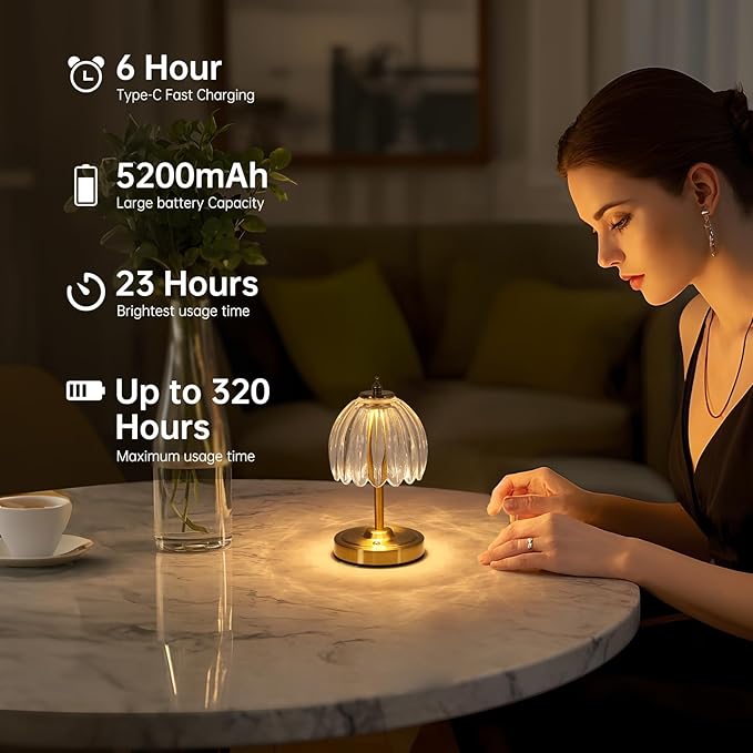 Set of 2 Tulip Table Lamp with 5200mAh Battery & Touch Control, Cordless Small Table Lamp with 3 Colors, Rechargeable Battery Operated Table Lamps for Nightstand, Bedroom (Transparent Tulip)