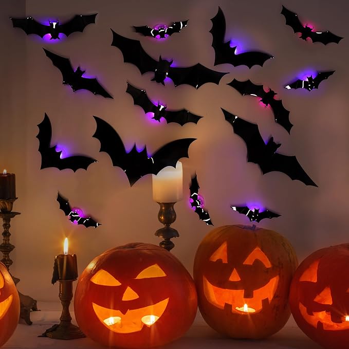 Halloween LED Bats Light Wall Stickers Glow in The Dark 3D Wall Decor for Home Decor Indoor Party Decorations (24, 5 Sizes)