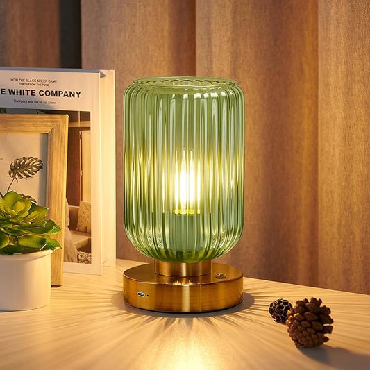 Cordless Table Lamp for Bedroom, 7500mAh Rechargeable Battery Operated Lamp, Modern Touch Dimmable Wireless Lamp Gold Base Green Glass Shade for Living Room, Desk, Led Bulb Included