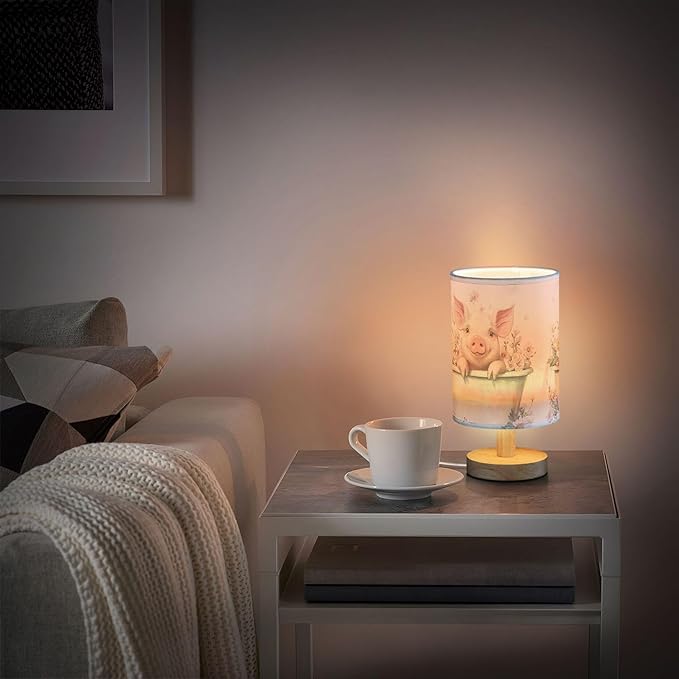 Cute Pig Pink Floral in Tub Table Lamp with Wood Base Fabric Lamp Shade Bedside Nightstand Desk Lamp for Living Room Bedroom Kids Room Office