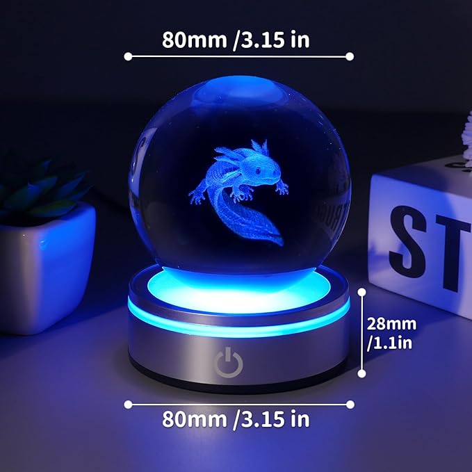 3D Axolotl Crystal Ball Night Light With LED Colorful Light Touch Base 3.15 In Glass Ball Lamp for Birthday Christmas, Cool Toy Gift for Boys Girls Kids Axolotl Figurines Home Decor
