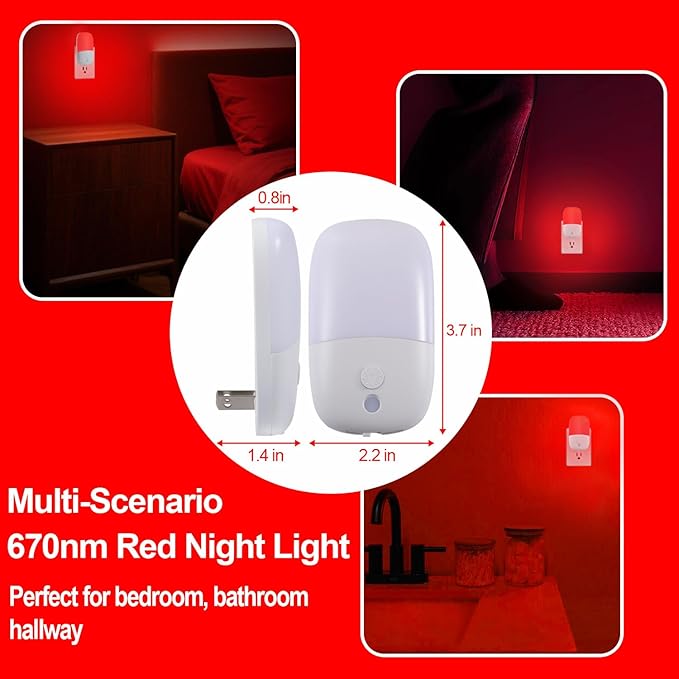 670nm Red Night Light with Retractable Plug [2 Pack] - Zero Blue Light, with Dusk to Dawn Sensor - Auto On/Off 0.3W LED Night Light Plug into Wall Pefect for Bedroom,Bathroom,Nursery,Hallway