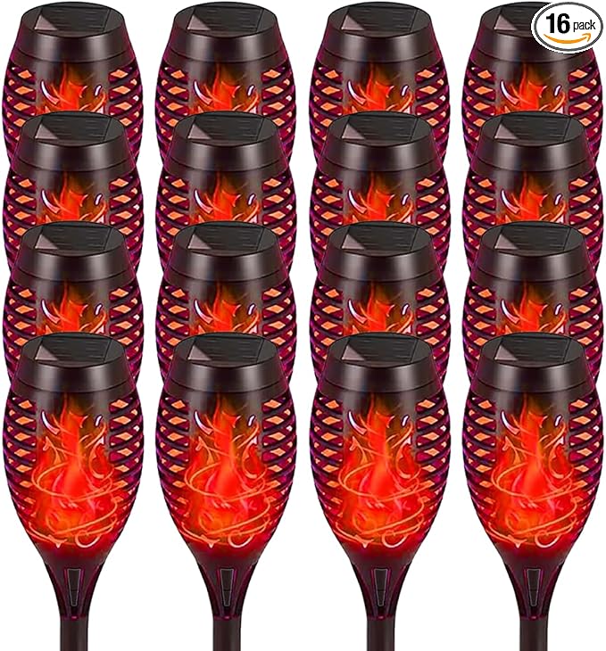 Solar Flashlight Light with Flickering Flame, Multi-Piece Outdoor Solar Lights, Outdoor Waterproof Solar Garden Lights for Decorative Paths, Patio and Deck Outdoor Lighting（Red (16)