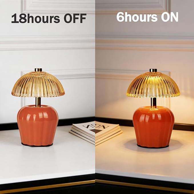 MJ PREMIER Small Cordless Lamp, Battery Operated Lamp with Timer, Mini Crystal Glass Mushroom Lampshade, Cute Small Table Lamps, Decorative Led Light for Bedroom Living Room Shelf (Orange)