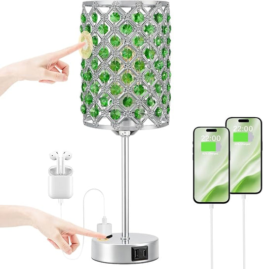 Hong-in Green Lamps for Night Stands-Crystal Table Lamp with USB-C+A & AC Charging Ports, 3-Way Dimmable Nightstand Touch Lamp, Bedside Desk lamp for Bedroom Living Room Home Office