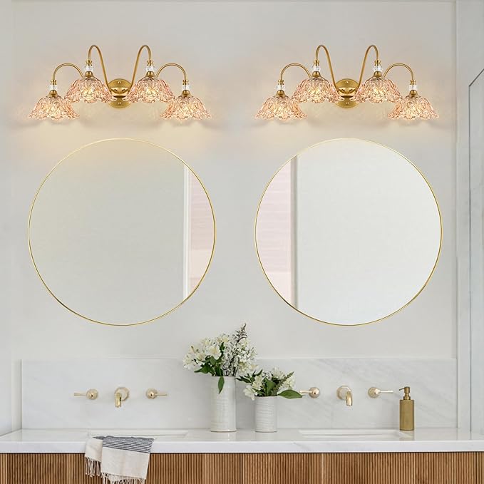 Vintage Bathroom Vanity Light, 4-Light Matte Brass Finish Vanity Light with Floral Amber Glass Shades, Retro Wall Mount Lighting for Bathroom, Dressing Table