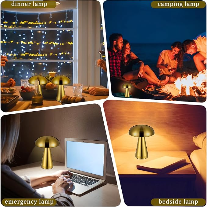 VIHOSE Set of 2 LED Mushroom Lamps Portable Metal Table Lamp with Touch Sensor 3 Color Stepless Dimming Desk Lamp Rechargeable Battery up to 15 Hours Cordless Lamp for Bedroom Nightstand Room Decor