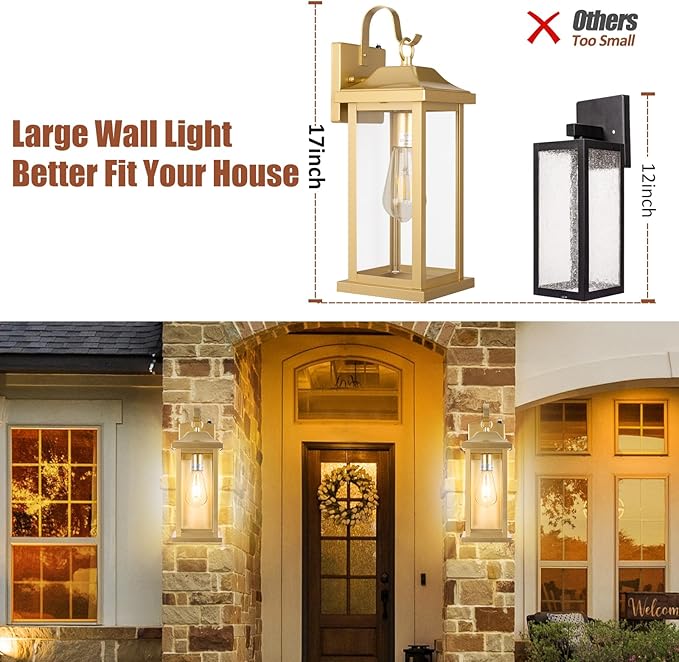 Large Gold Outdoor Sconces Dusk to Dawn 2-Pack, 17 Inch Large Porch Light Photocell Brass Outdoor Light Fixtures IP65 Waterproof with Clear Glass Outside Wall Lanterns Wall Mounted Lamps