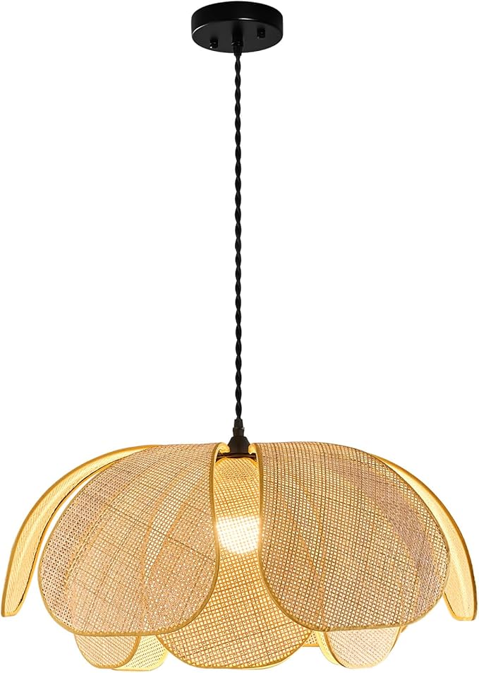 Boho Chandelier, Hemp Rope Pendant Light Hand-Woven Rattan Hanging Lamp Wicker Retro Light Fixtures for Hallway Entryway Kitchen Island Dining Room Bedroom(1-Pack)