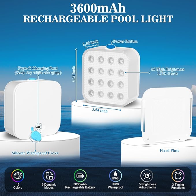 Creatrek Rechargeable Pool Lights with Remote, 16 Color Changing Submersible LED Lights, Waterproof Pool for inground, Ponds, Bathtub Decorations, 4 Pack