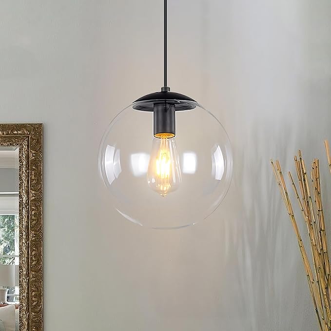 KoKo&Yukina 6-inch mini Modern Globe Pendant Light Clear Glass with Black Finish Contemporary Mid Century Adjustable Hanging Light Fixture for Living Room Bedroom Kitchen Island (Bulb Incl.)
