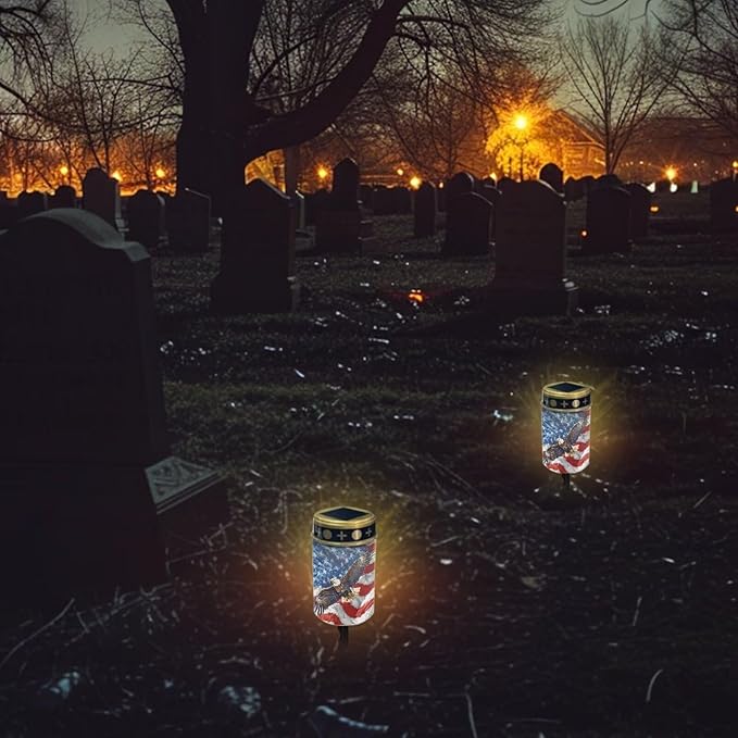 American Eagle Flag Prayer Cemetery Solar Lights for Grave Cemetery Decor Candle Lamp Corss Sunflower Grave Solar Lights