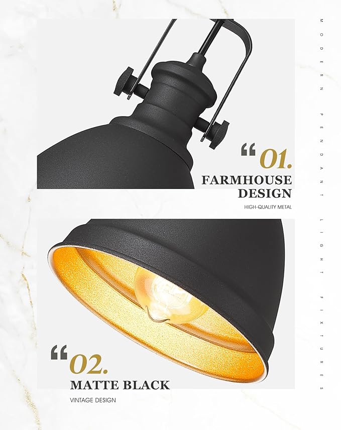 Black Pendant Lights Kitchen Island, 8" Farmhouse Hanging Lights Fixtures with Metal Shade, Rustic Kitchen Pendant Lighting Over Island for Dining Room, AD-2151-1PM-BK