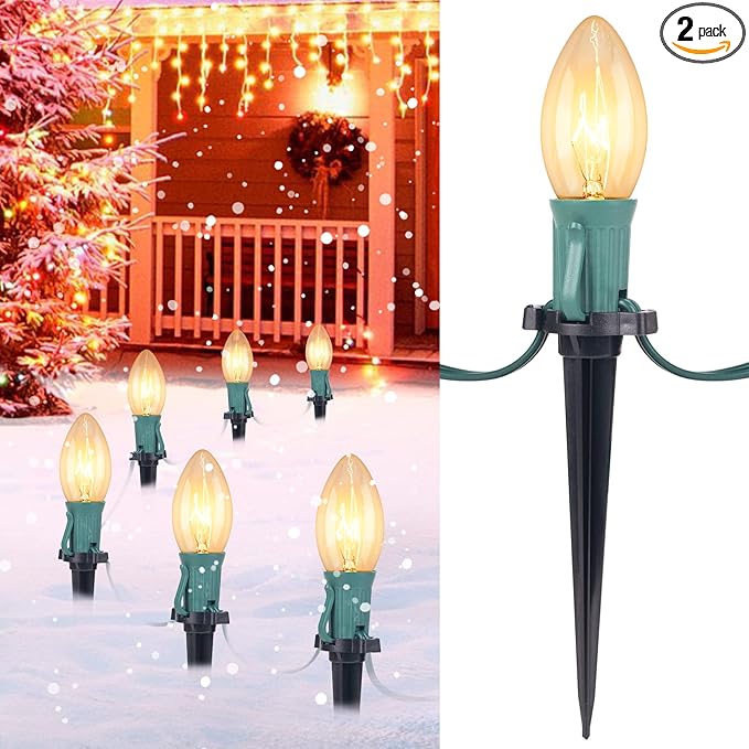 C9 Christmas Lights Outdoor, 2 Packs Total 51.4 Ft 40 Bulbs Christmas Pathway Lights, Waterproof Walkway Lights for Outside Driveway Sidewalk Outdoor Decorations Yard, Clear